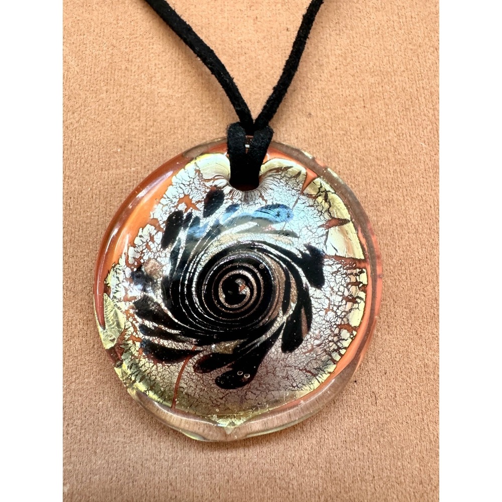 Murano Glass Swirl Pendant Necklace Foil Art Glass Round Circle 2" Stamped